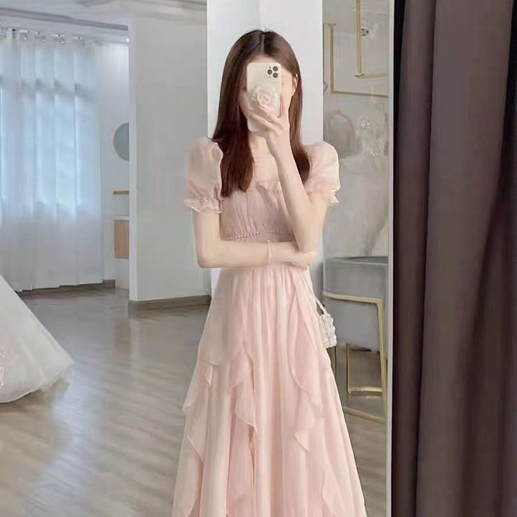 法式甜美温柔风粉色仙长裙夏季新款大码胖MM收腰显瘦雪纺连衣裙女详情3
