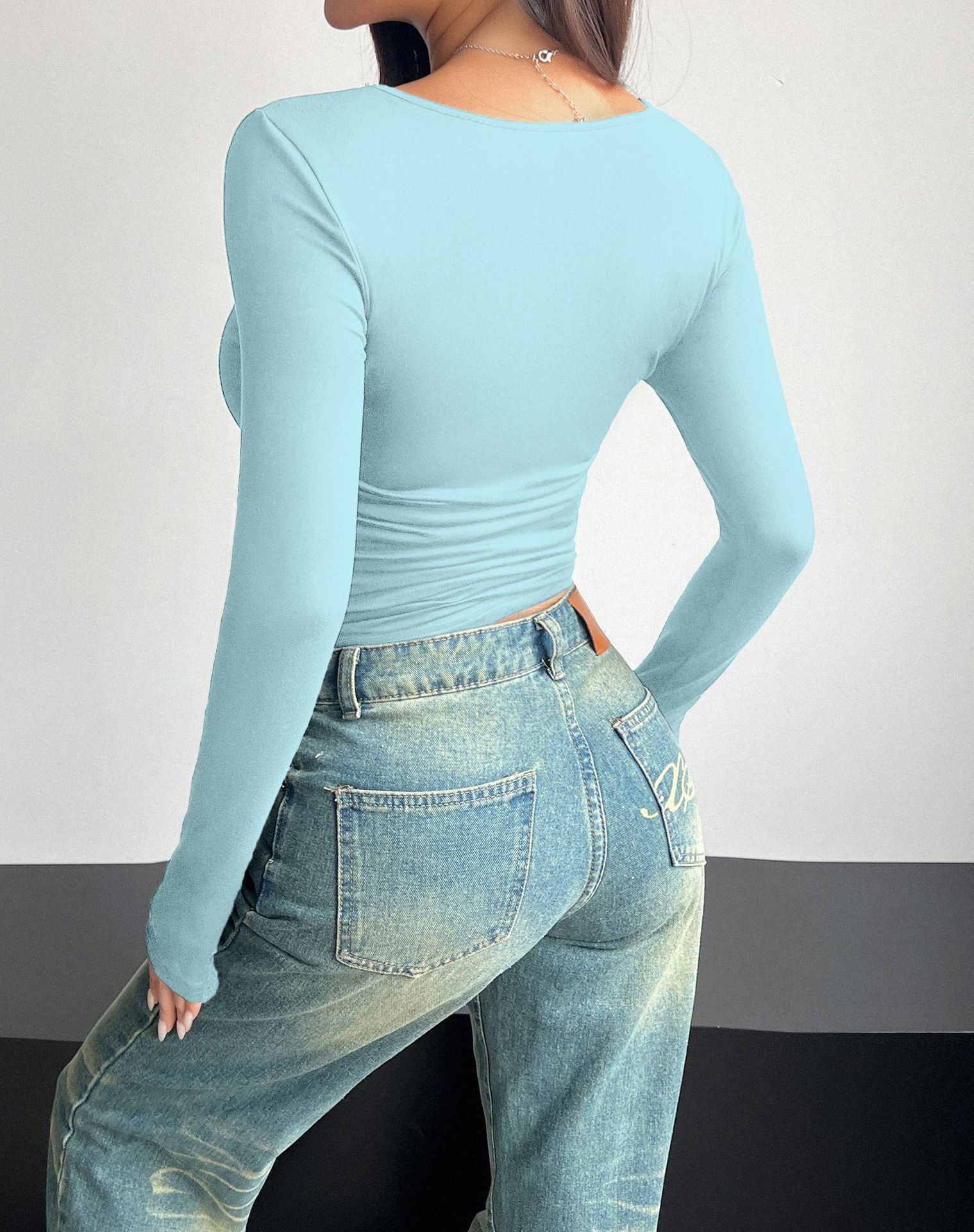 Diyun Cross-border European and American 2024 Spring/Summer Y2K new square-neck long-sleeved pullovers tight casual fashion top for women pic 76