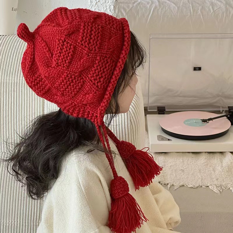 女童秋冬加厚流苏系带套头帽洋气手工针织帽新年红色帽保暖包头帽详情1