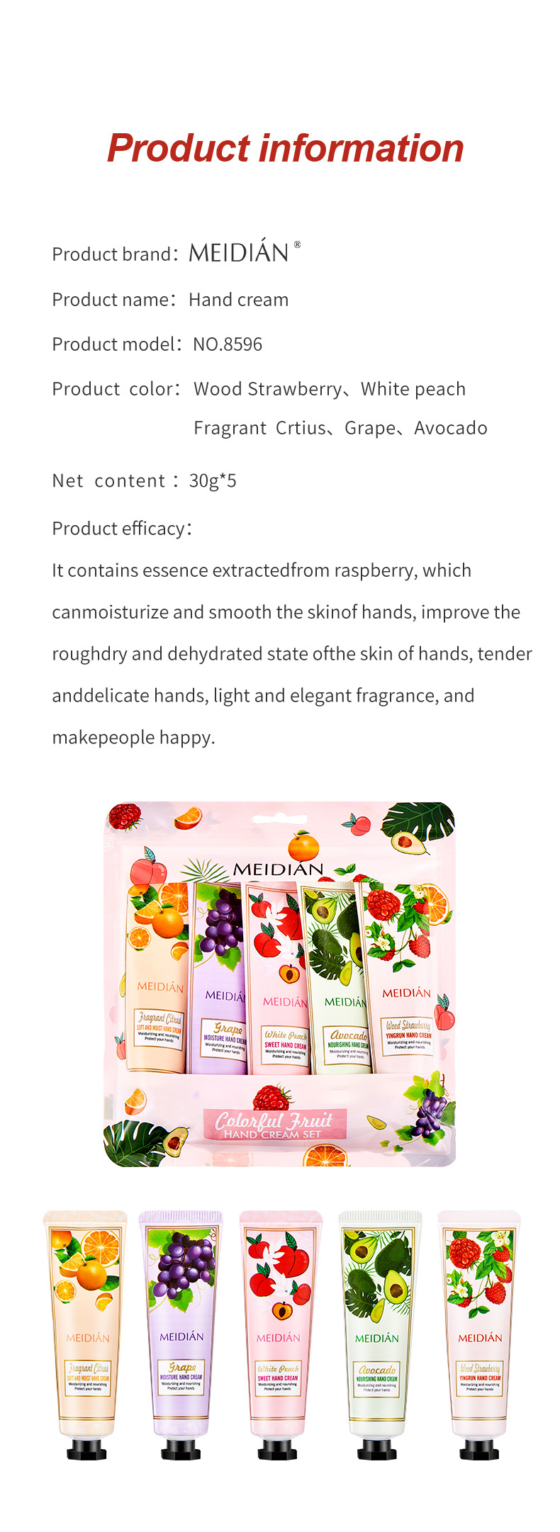 【 Exclusive for Foreign Trade 】 Wholesale of 5-bottle Set of Meidian Fruit Fragrance Hand Cream Moisturizing and Anti-Cracking Hand Cream pic 19