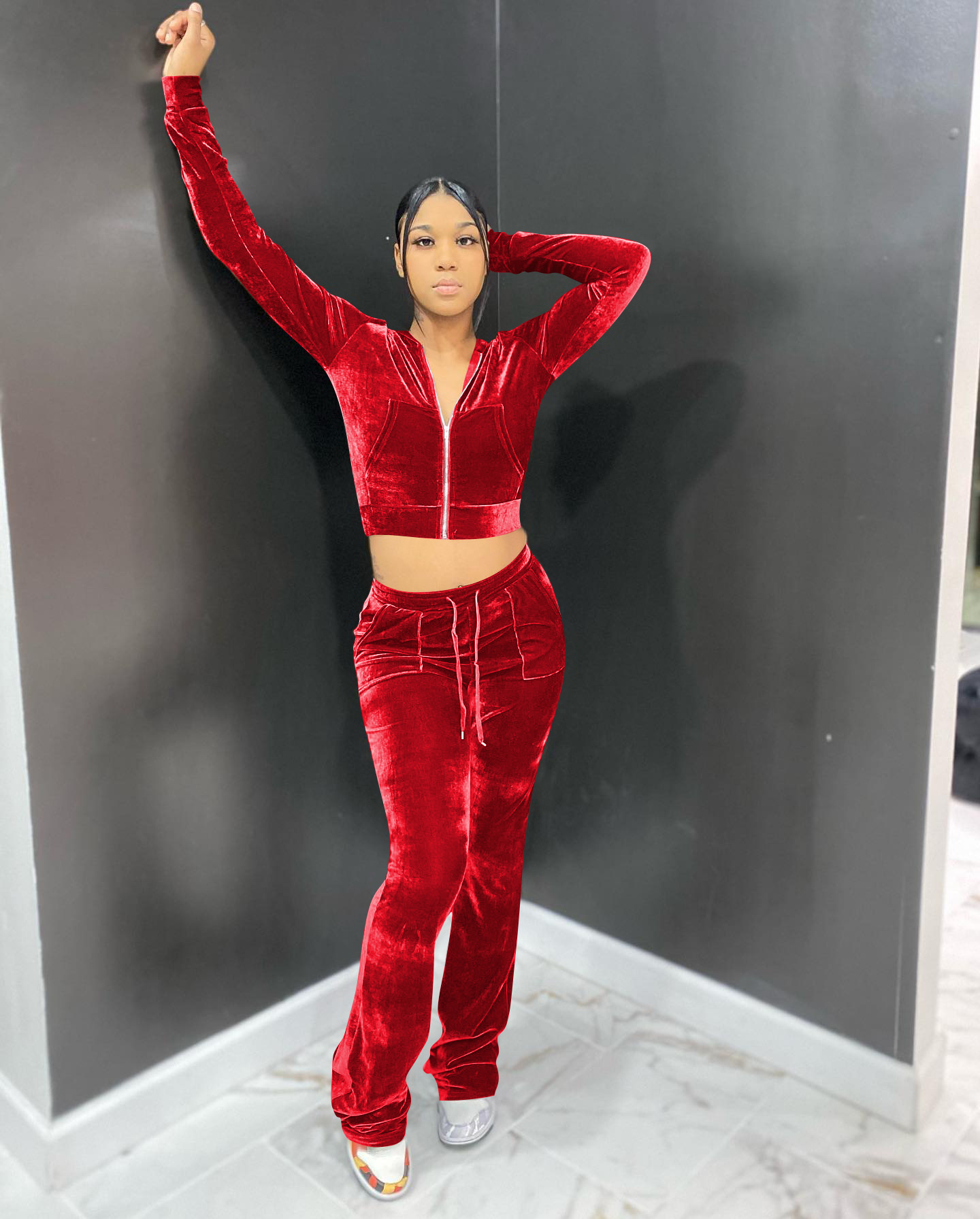 Solid color gold velvet wide-leg pants two-piece set pic 61