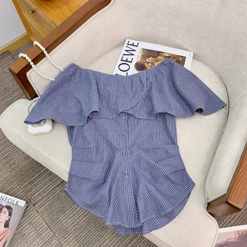 现货UNSP一字肩花边条纹短袖衬衫女2025夏季新款气质收腰显瘦上衣详情8