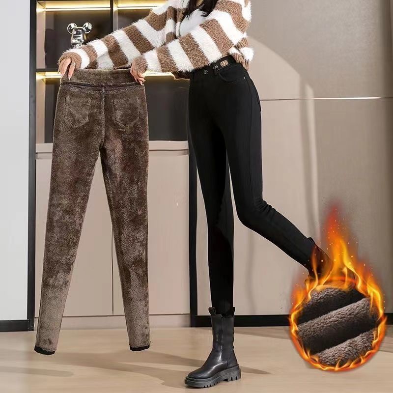 跨进羊羔绒秋冬季高弹力小脚牛仔裤女加绒加厚保暖打底裤铅笔裤子详情1