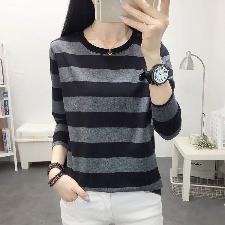 秋装胖mm加肥加大码宽松纯棉长袖t恤女装中年妈妈打底衫条纹上衣详情10