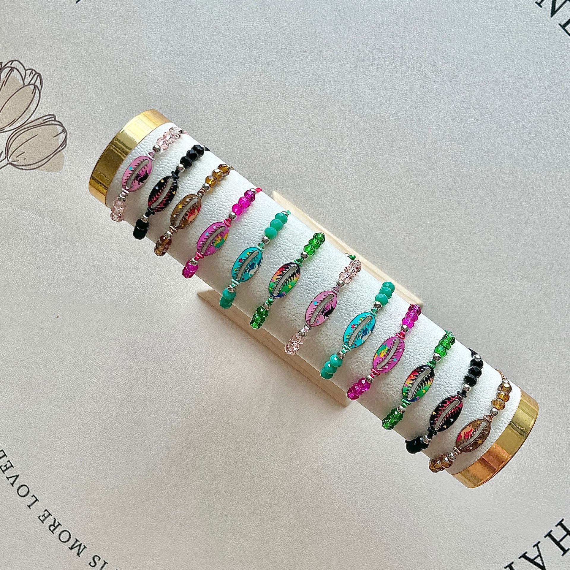 Amazon cross-border best-selling multi-color printed shell crystal beaded bracelet, cartoon boy and girl bracelet batch pic 1