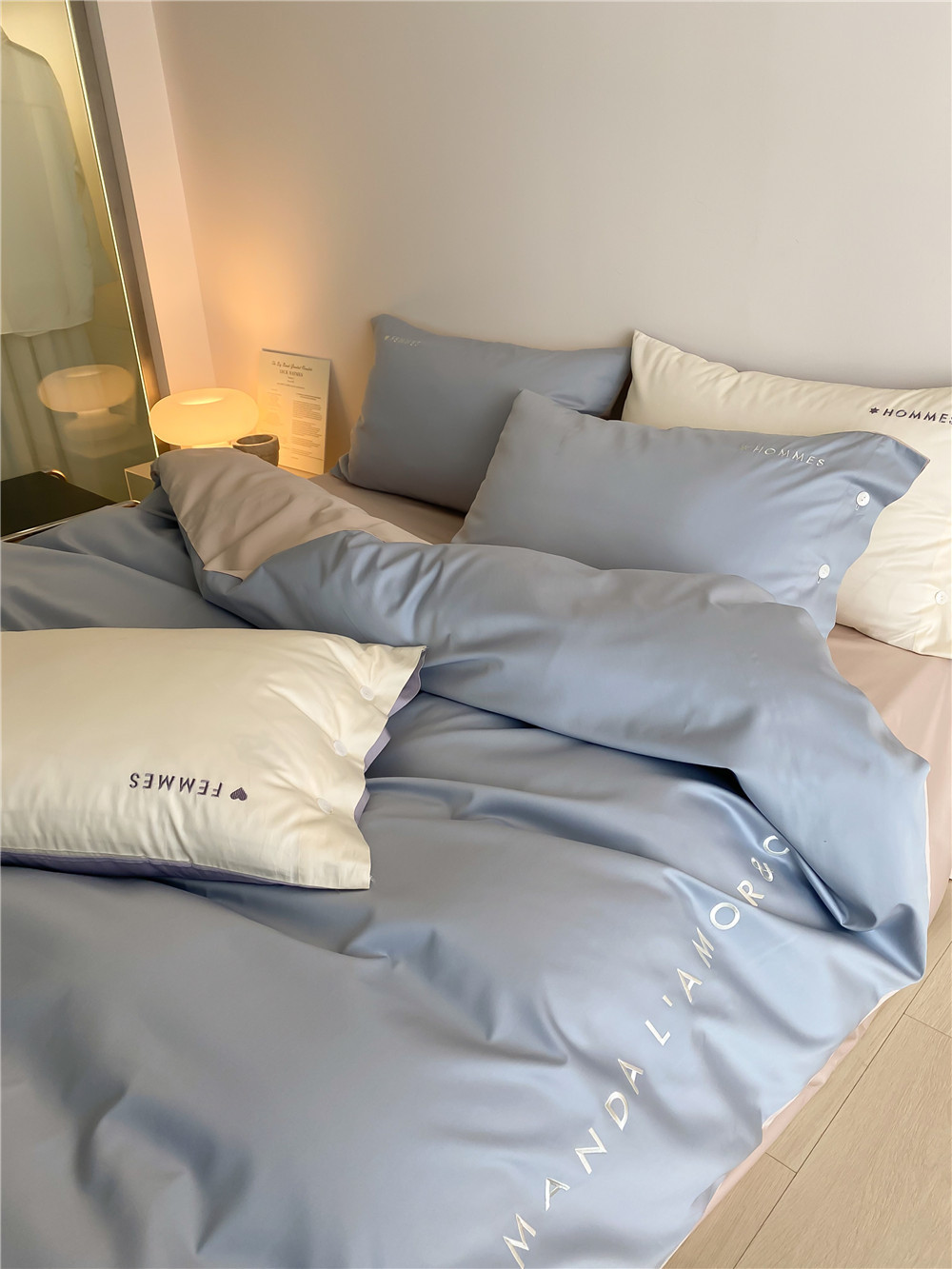 Simple, light luxury and fashionable solid-color long-staple cotton four-piece set, pure cotton letter-embroidered duvet cover, double bedding pic 17