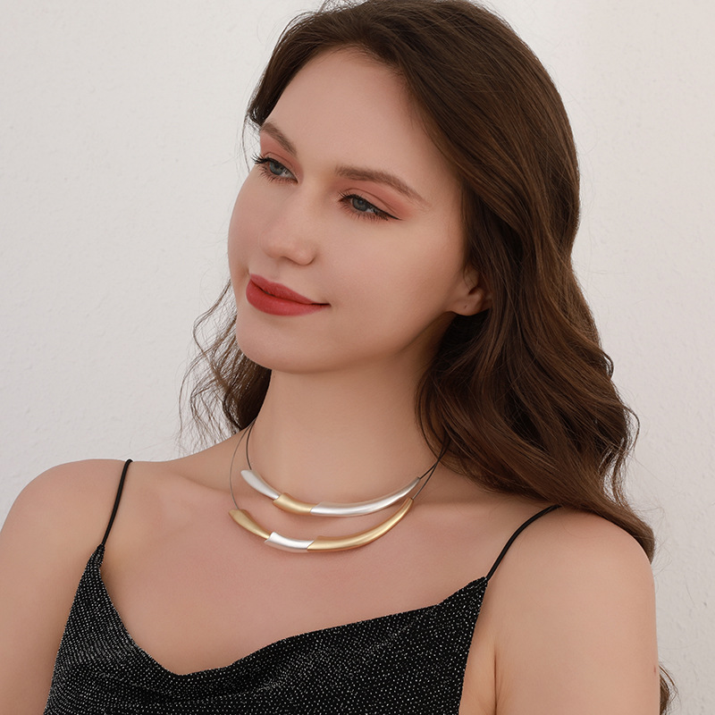 跨境亚马逊欧美饰品时尚简约短项链双层U形吊坠金属项圈女短项链详情5