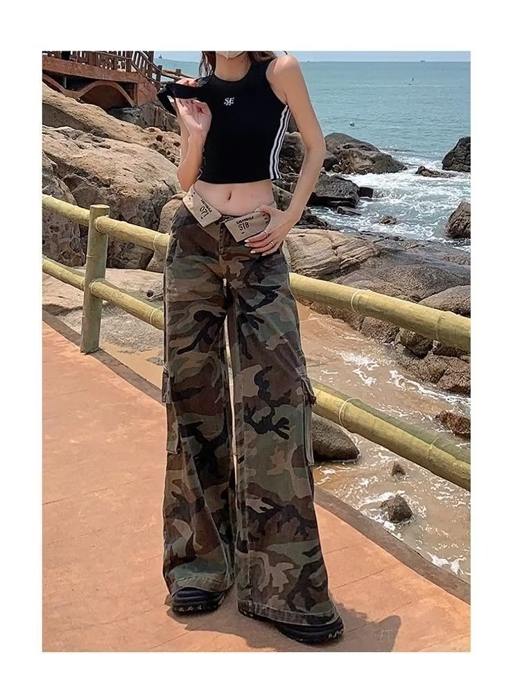 美式复古迷彩工装裤女2024夏季新款低腰高个子宽松垂感阔腿牛仔裤详情7