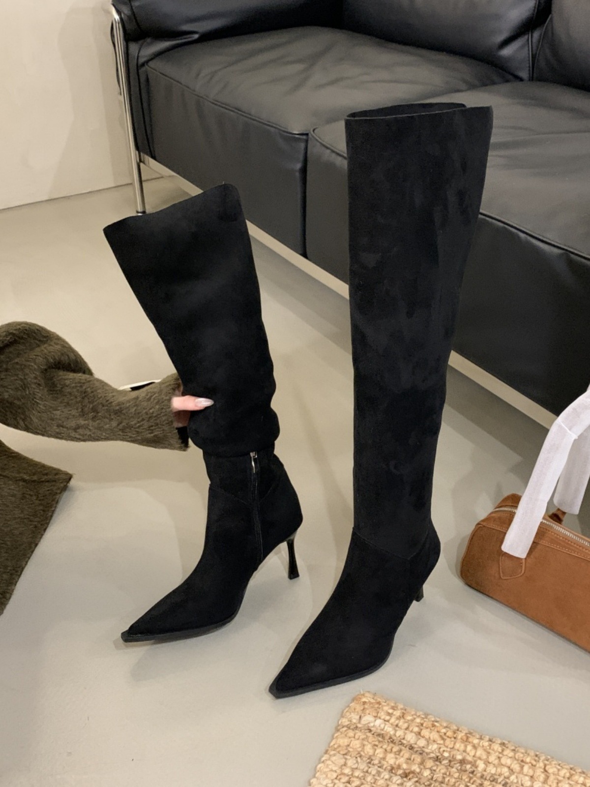 法式一靴多穿高细跟尖头堆堆过膝靴女春秋款侧拉链复古瘦瘦过膝靴详情12