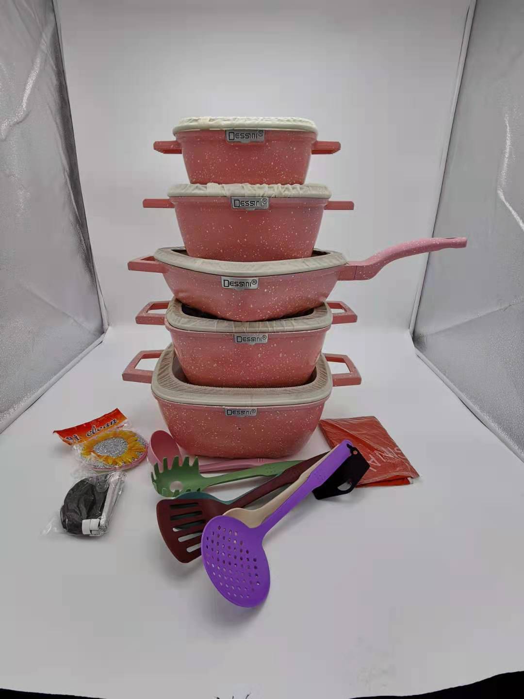 dessini25件套不粘锅方形条纹压铸铝锅麦饭石锅厨房组合锅具套装详情1