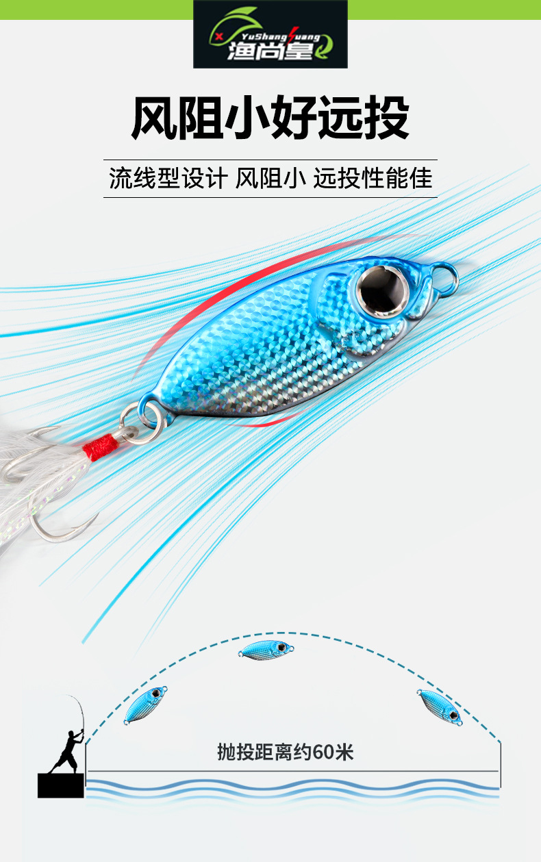 Luminous falling snow pattern blue blade mini dazzling little long-range throwing iron plate lure Freshwater feather hook horse mouth upturned beak pic 6