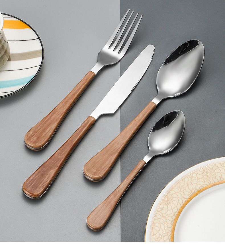 Cross-border Amazon 1010 Stainless Steel Tableware Set for knives, forks and spoons, Creative wood grain handle Western cuisine knives and forks 4-piece set pic 12