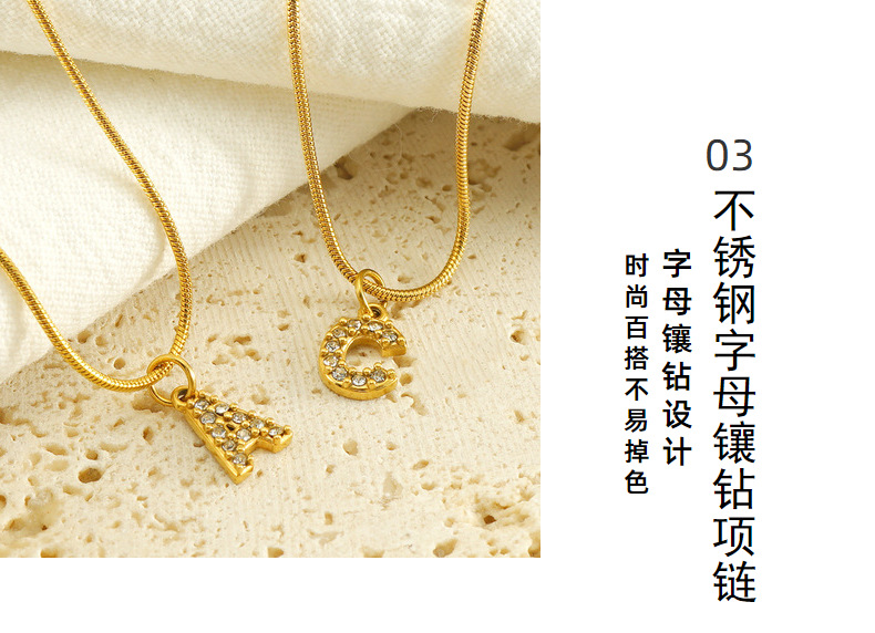 Cross-border European and American stainless steel fashion 26 English diamond-encrusted small letter necklace, simple and versatile titanium steel snake chain necklace for women pic 16
