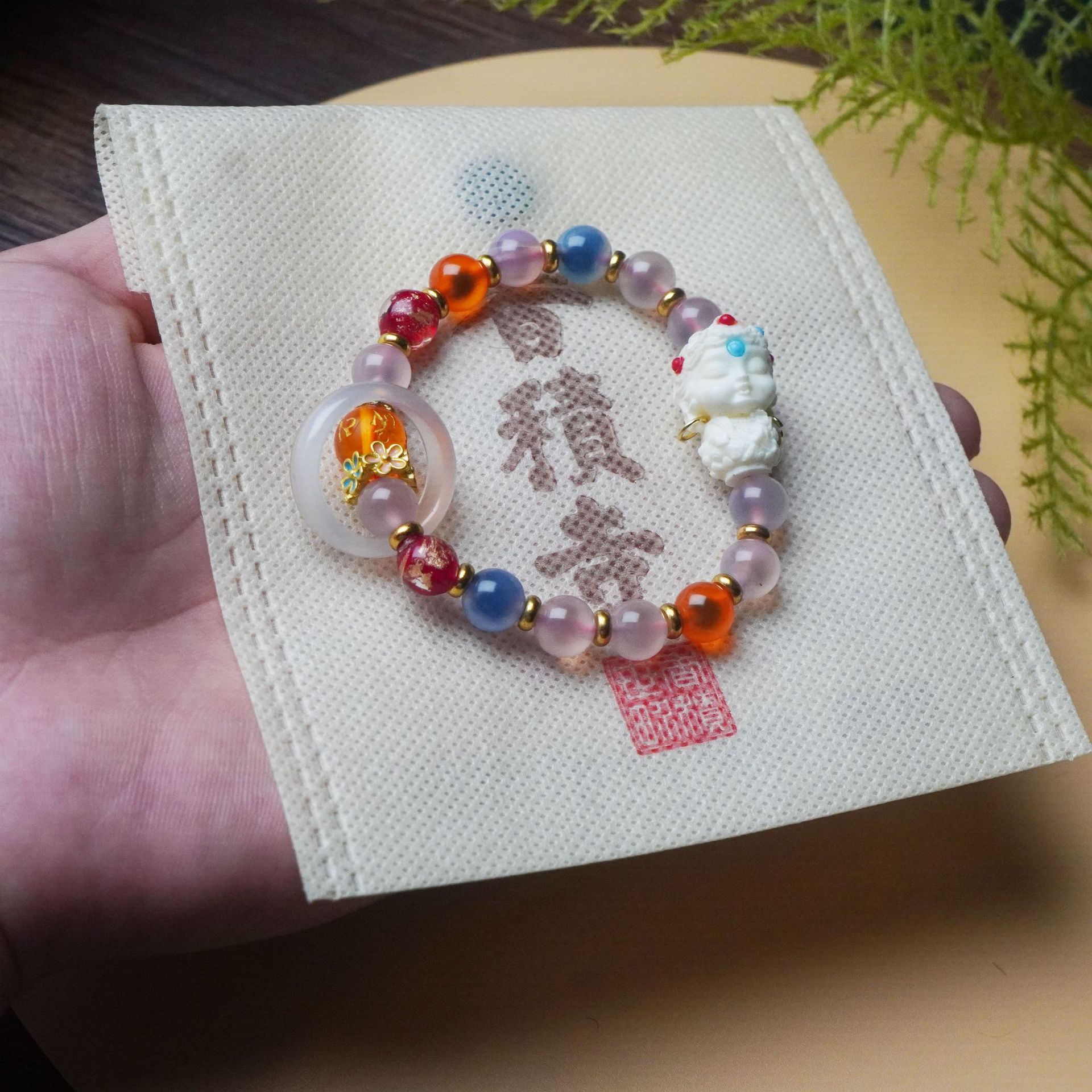 寺庙同款半糖玛瑙白度母手链串珠女金箔古法琉璃手串文玩饰品配饰详情4