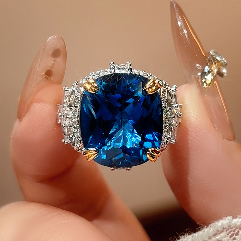 2025新款饰品戒指锆石女长方仿真蓝宝石帕拉伊巴高级感一件批发详情3