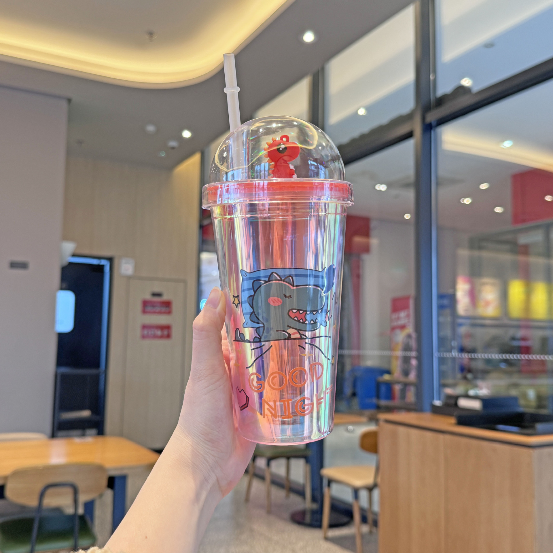 外贸新款双层塑料杯批发微景观奶茶吸管杯卡通恐龙镭射冰裂碎冰杯详情12