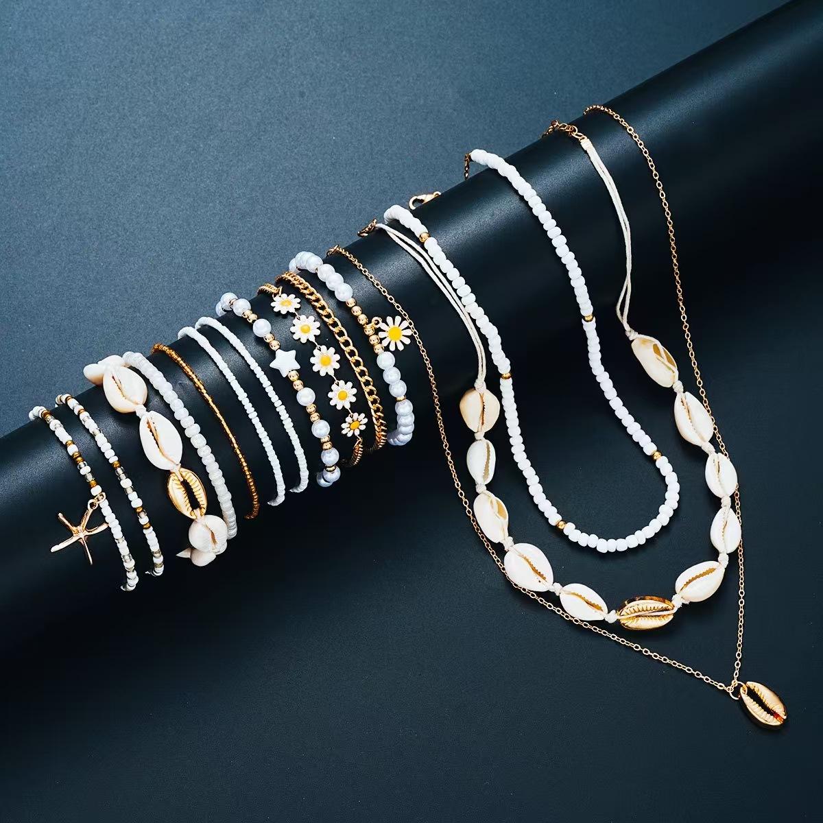 欧美跨境沙滩贝壳时尚风饰品银白米珠贝壳七件套脚链沙滩简约风详情4