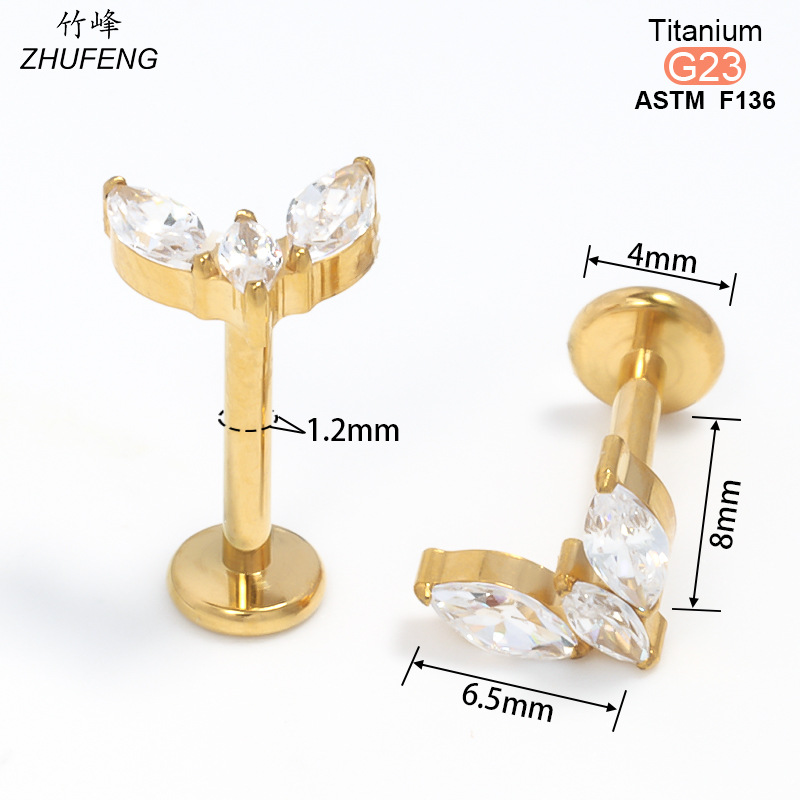 F136钛合金镶锆石耳钉时尚高级感镀金不掉色耳骨钉内牙螺旋唇钉详情7