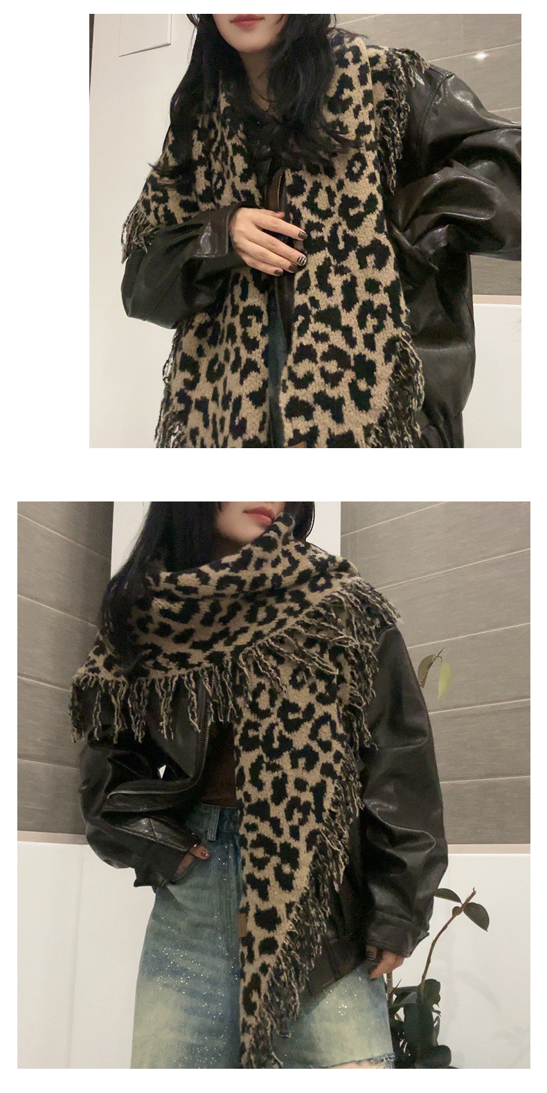A new autumn and winter collection of leopard-print fringed scarves for women, featuring a high-end woolen triangular shawl and a retro and fashionable shawl. Wholesale from street stalls pic 15
