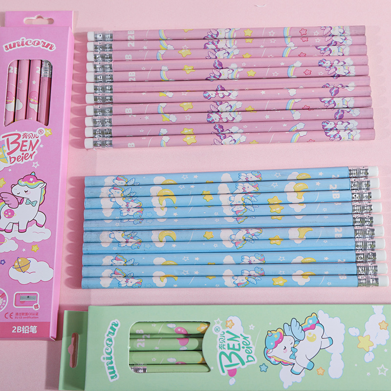 新款独角兽系列卡通可爱铅笔2b铅笔一盒带皮头卷笔刀学生文具铅笔详情9