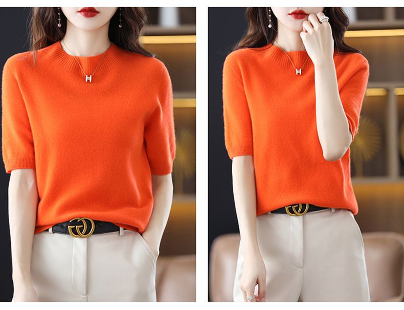 A semi-high-neck casual knitted sweater for women in spring 2023, in a solid color, paired with a half-sleeved base layer sweater T-shirt pic 23