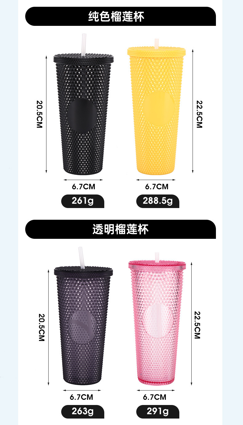 高颜值杯子双层榴莲杯创意扎手大容量塑料杯潮流便携吸管杯批发详情4