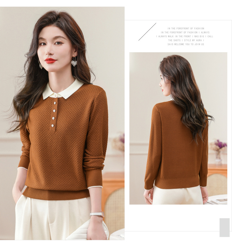 2024新款翻领含羊毛女士针织衫套头衫春秋韩版时尚气质上衣打底衫详情11