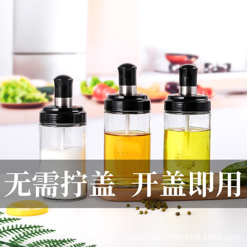 Household moisture-proof kitchen sealed glass salt monosodium glutamate seasoning jar, seasoning box cover, spoon integrated set combination seasoning jar pic 5