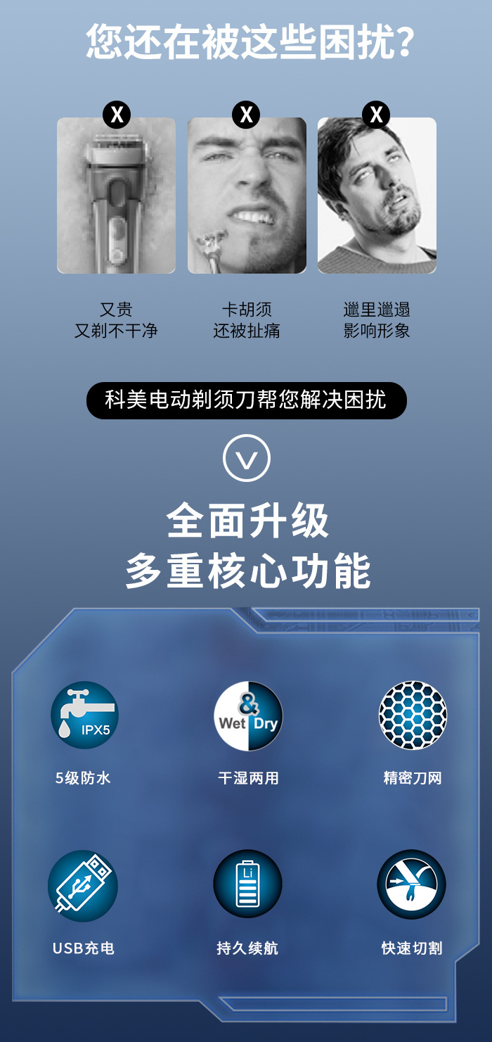 科美/KEMEI新款5合一多功能7刀头剃须刀电量数显ipx5级防水刮胡刀详情2