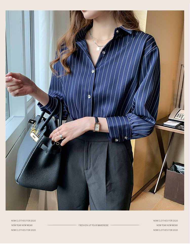 This vertical striped chiffon shirt for women with three-quarter sleeves is a new autumn collection. It features a unique and mature design with a sense of elegance and drape pic 1
