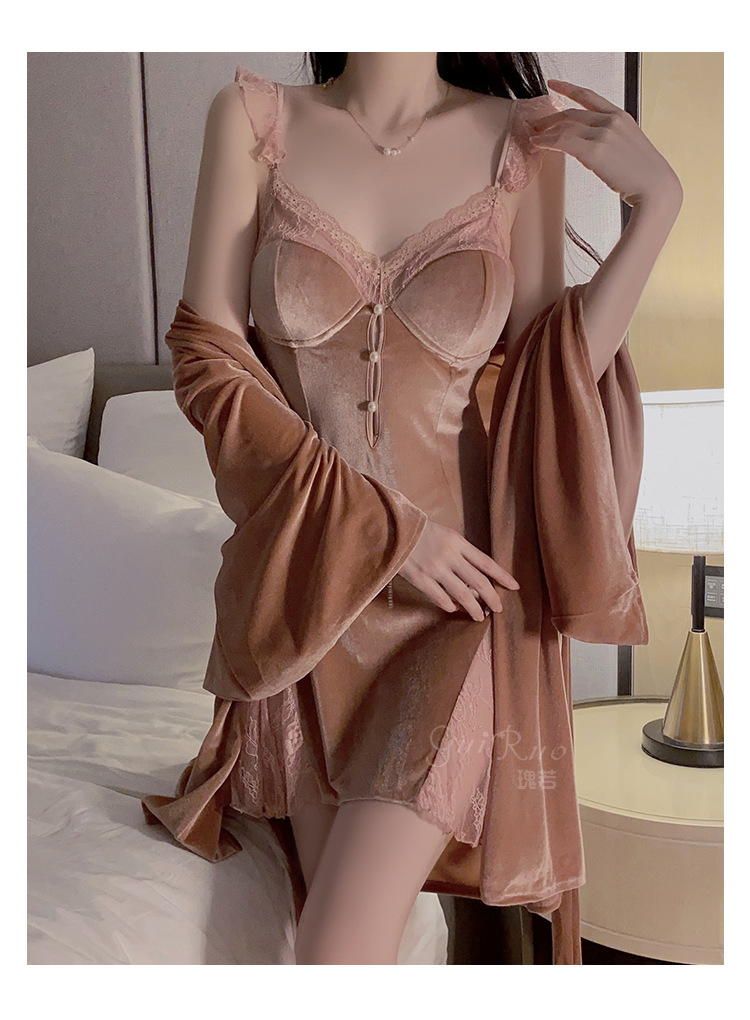 A seductive lace see-through deep V with a chest cushion, a sweet sleeping dress, an outer robe and velvet home wear set 3908 pic 15