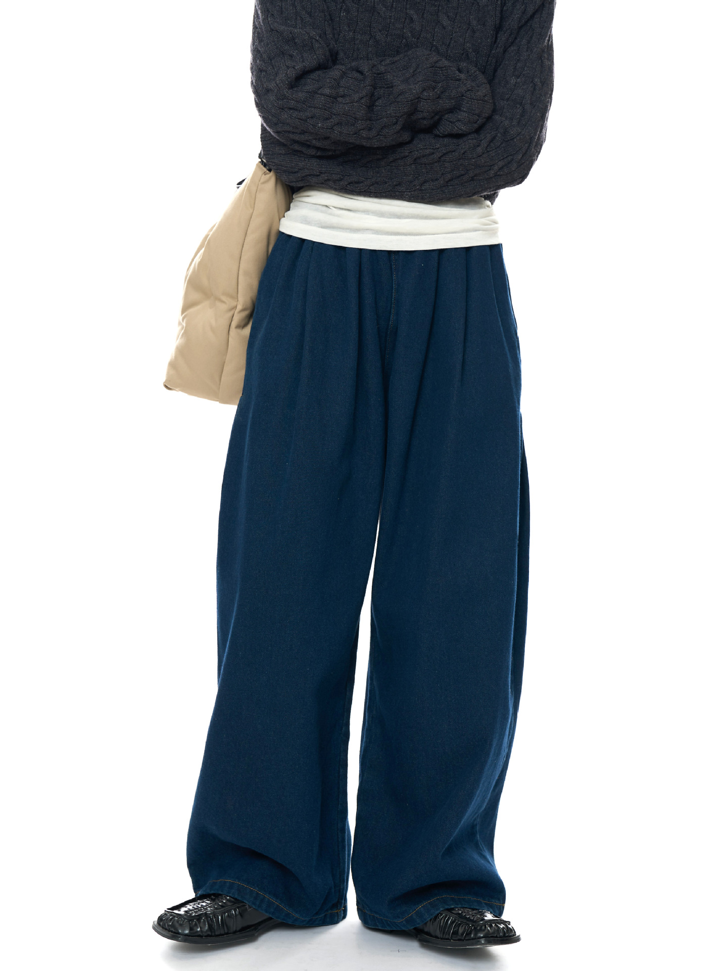 Dark blue high-waisted denim wide-leg pants for women, retro checkered pattern pants, bronze earthy warm pants for autumn and winter pic 9
