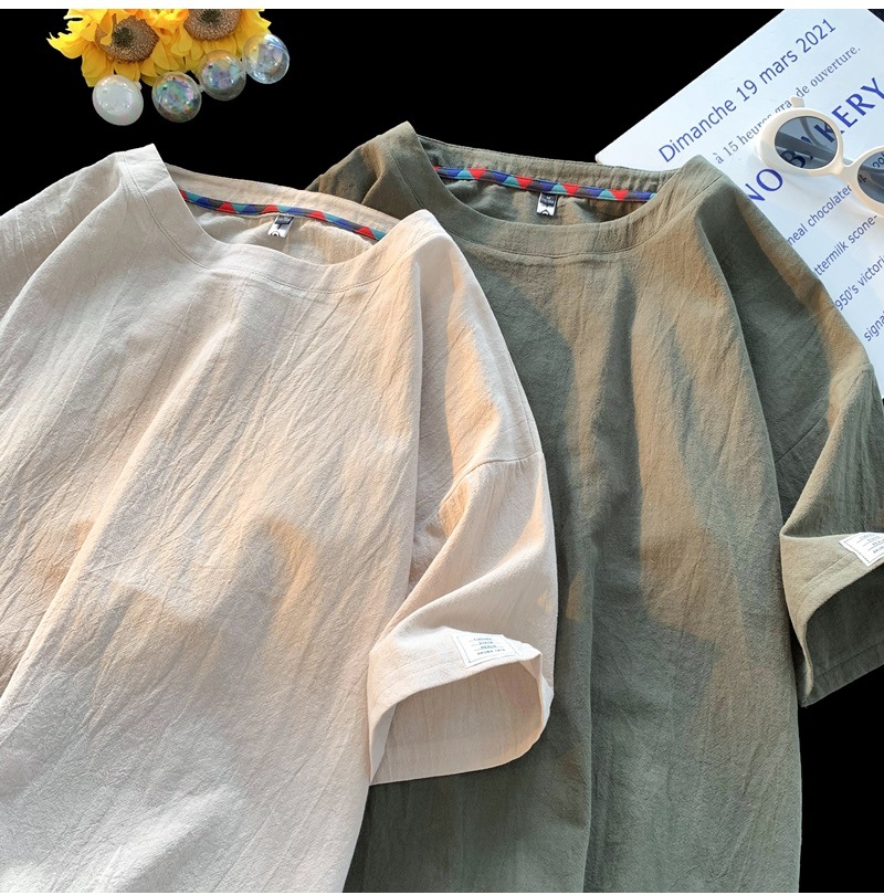 Linen short-sleeved T-shirt for men, a new summer trend. Cotton and linen half-sleeved loose solid color base layer, a trendy T-shirt top pic 12