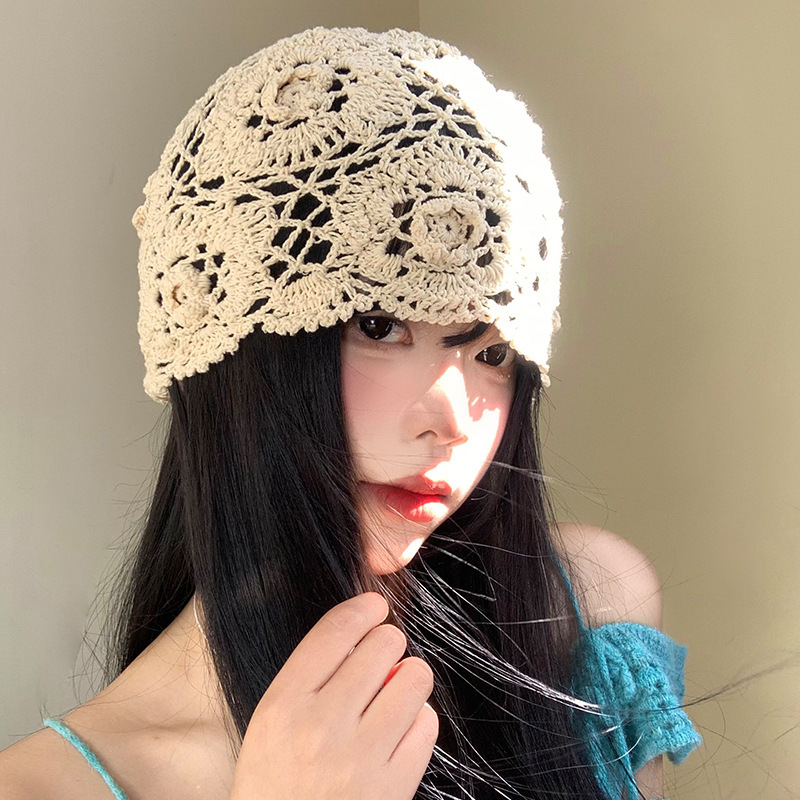 A collection of Japanese-style hand-woven headscarves, thin, hollowed-out woolen hats for women, and retro and artistic knitted hats pic 22
