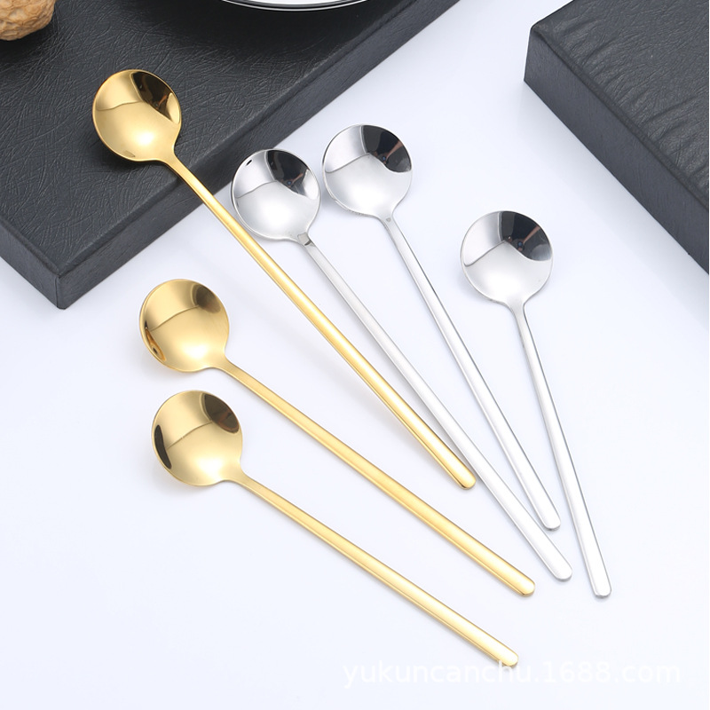 Stainless steel spoons, household long-handled golden round spoons, coffee mixing spoons, ice spoons, hot pot seasoning spoons, dessert spoons wholesale pic 2