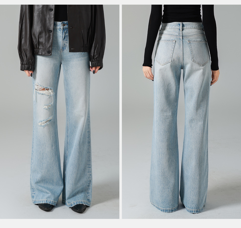 Classic light blue ripped high-waisted flared jeans for women, wide-leg retro flared pants, 25 early autumn new style, slimming pic 16