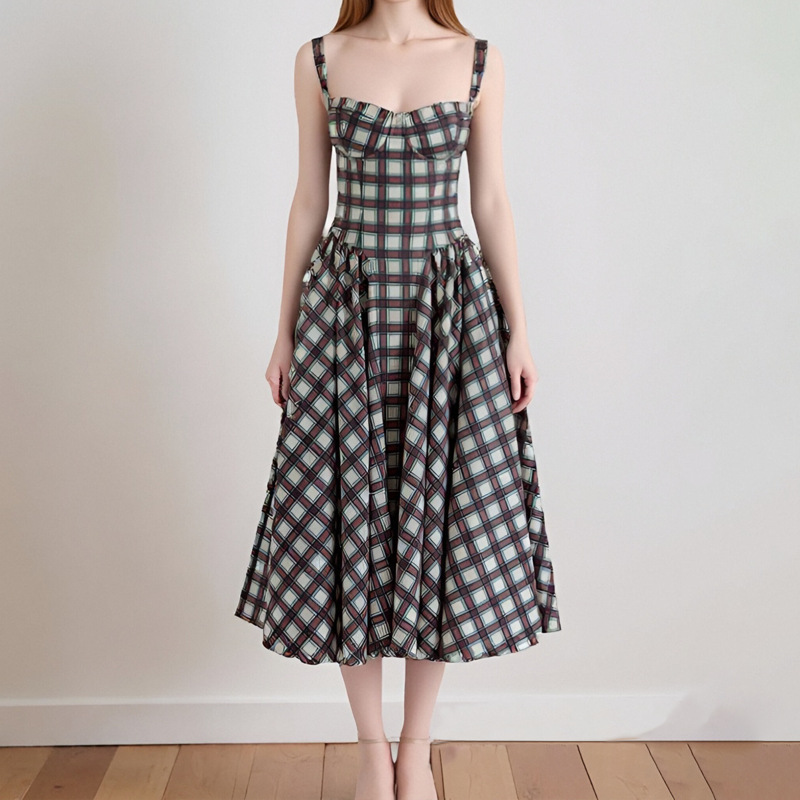 2026春季新款跨境欧美女装气质优雅法式复古收腰修身吊带连衣裙详情60