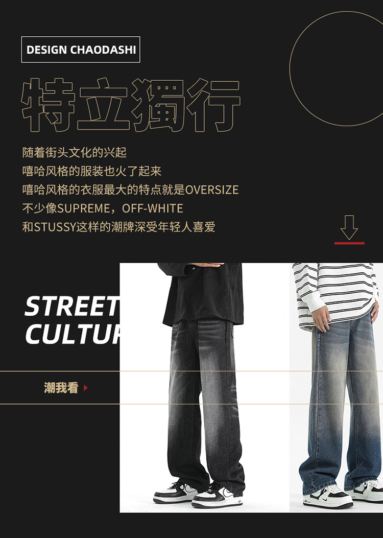 美式复古蓝牛仔裤男春秋季2025新款宽松阔腿直筒裤水洗做旧长裤子详情3