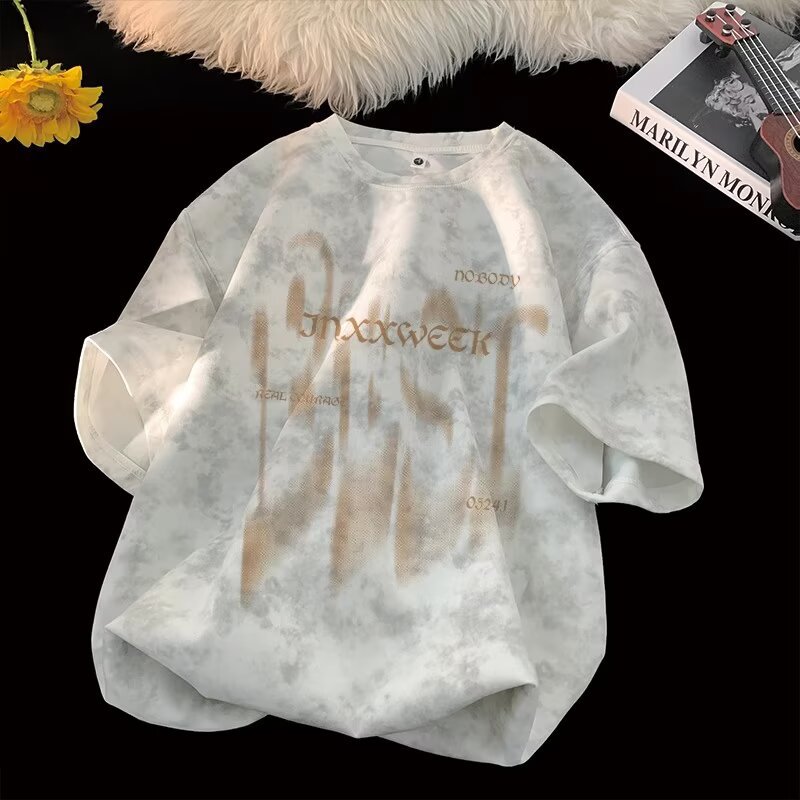 Summer trendy brand American heavy-duty pure cotton short-sleeved T-shirt for men, loose large-sized half-sleeved washed distressed T-shirt base layer pic 8