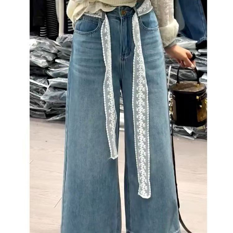 Loose, petite, high-waisted, slimming 9-inch straight-leg lace jeans for women in 2025, a trendy and retro wide-leg pants trend pic 11