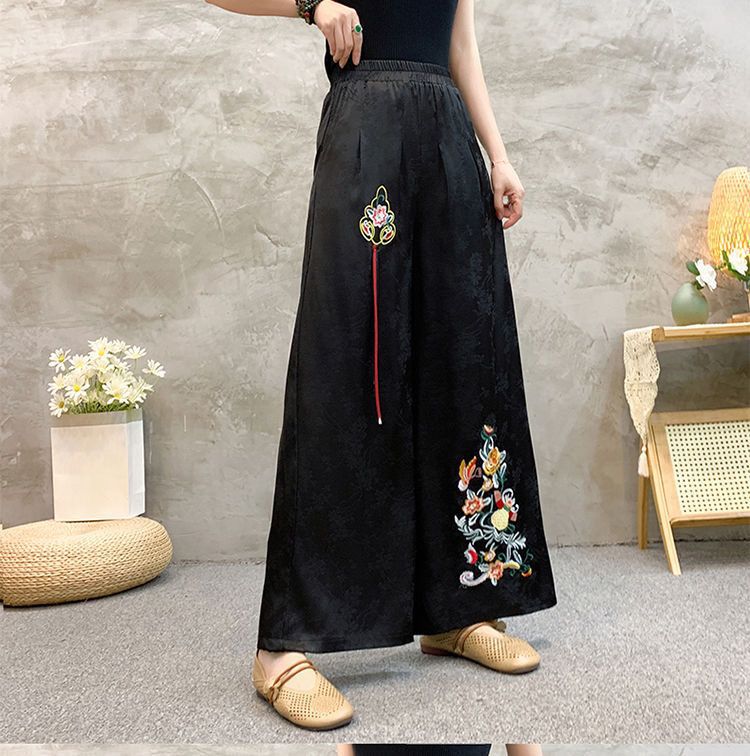 国潮绸面提花新中式民族风阔腿裤国风文艺刺绣花高腰休闲宽松长裤显瘦详情8