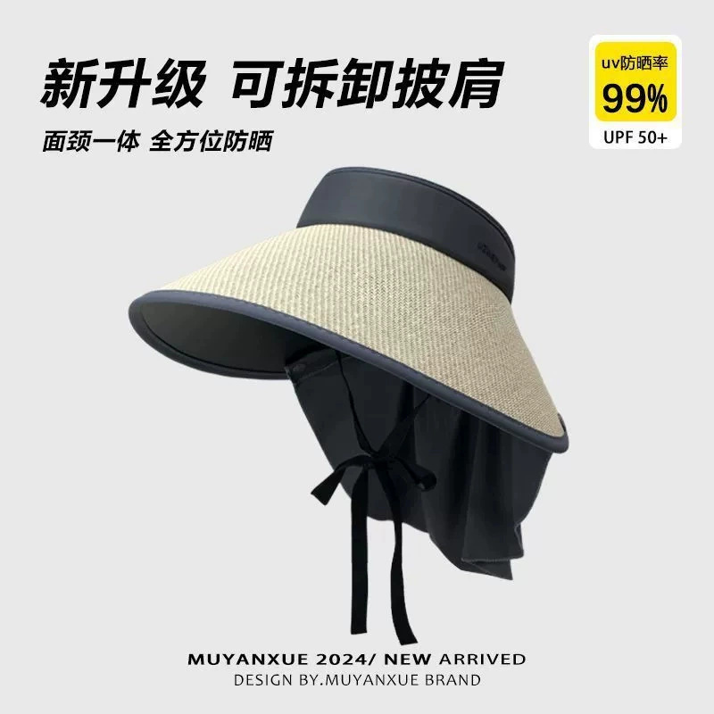 2025新款防晒帽女夏护颈遮阳帽大帽檐户外草编空顶太阳帽披肩可拆详情8