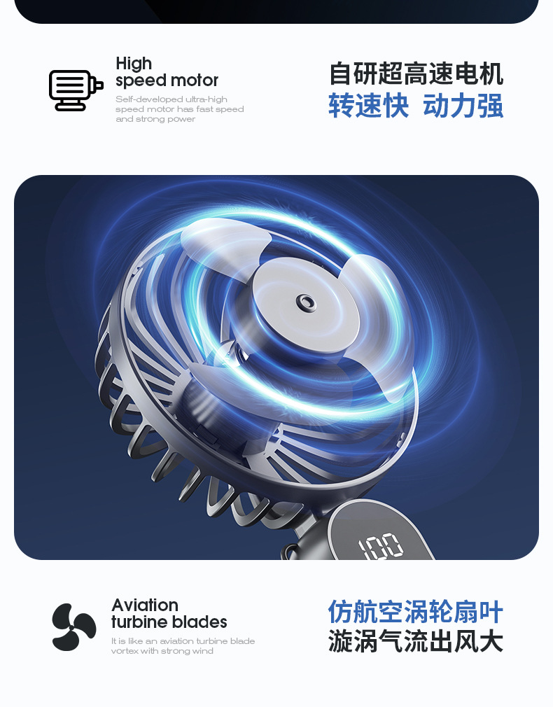 跨境新款/手持风扇多功能数显折叠超大风力usb充电桌面办公小风扇详情8