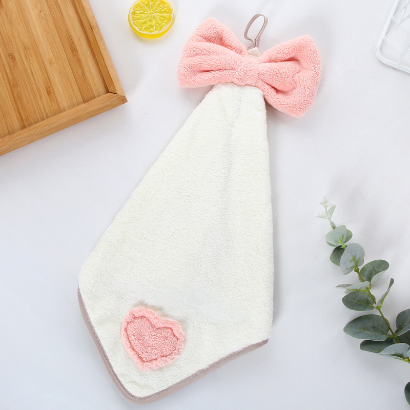 【 Chi Jia 】 High-density coral velvet heart-shaped patchwork with embroidered bows, hand towels, heart-shaped embroidered hanging towels, kitchen towels pic 5