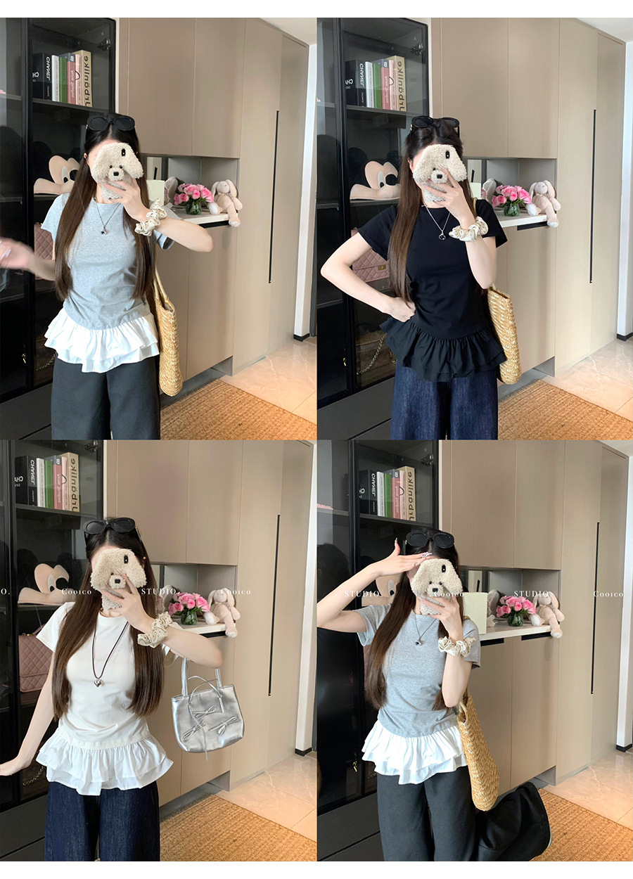 法式荷叶花边下摆拼接白色短袖t恤女夏季设计感修身正肩小衫上衣详情5