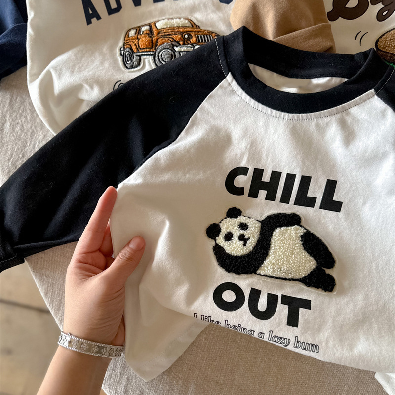 纯棉男女儿童t恤长袖上衣服2024刺绣植绒百搭中小童装打底衫春秋详情13