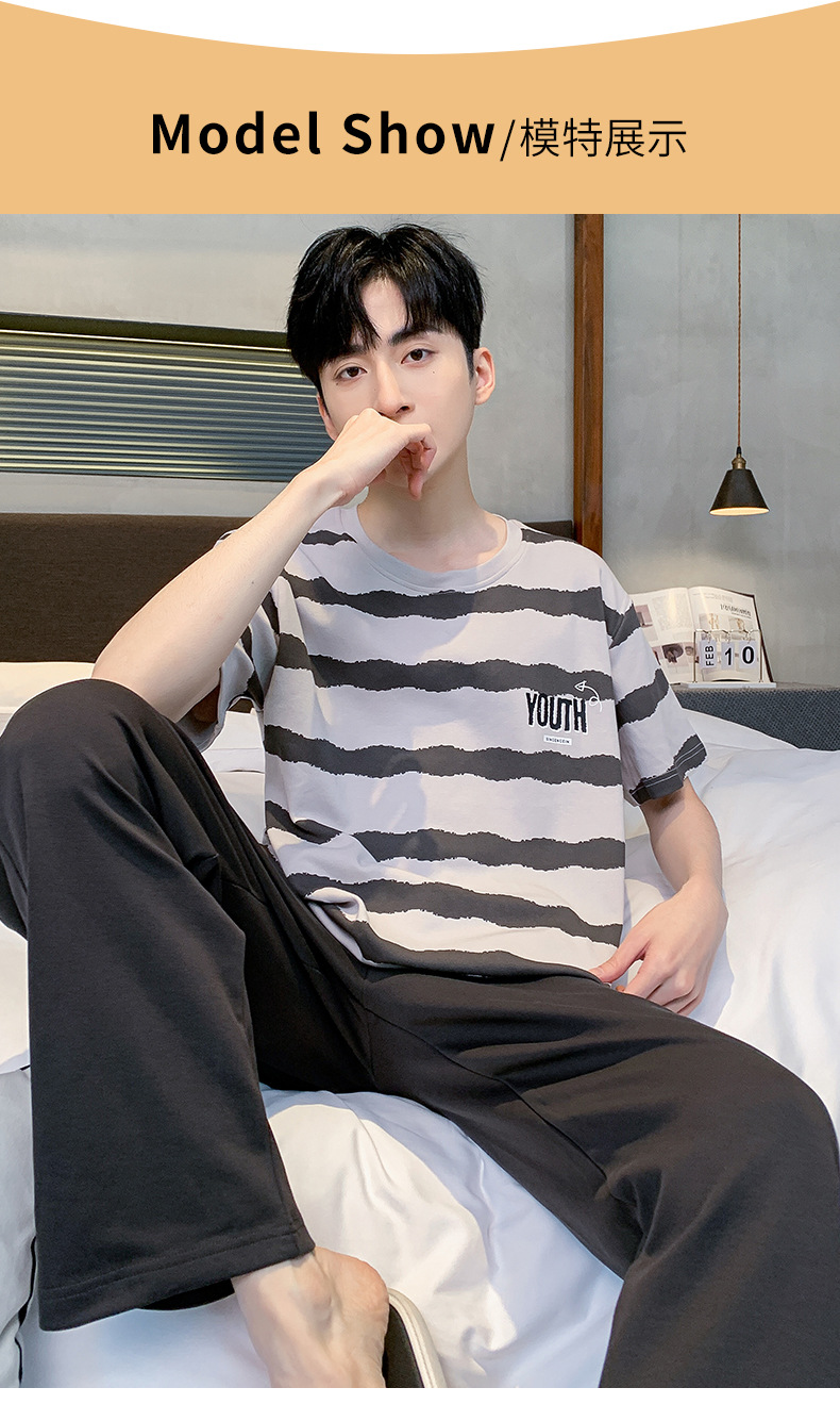 短袖长裤纯棉睡衣男士韩版宽松休闲简约夏天薄款中青年家居服套装详情8