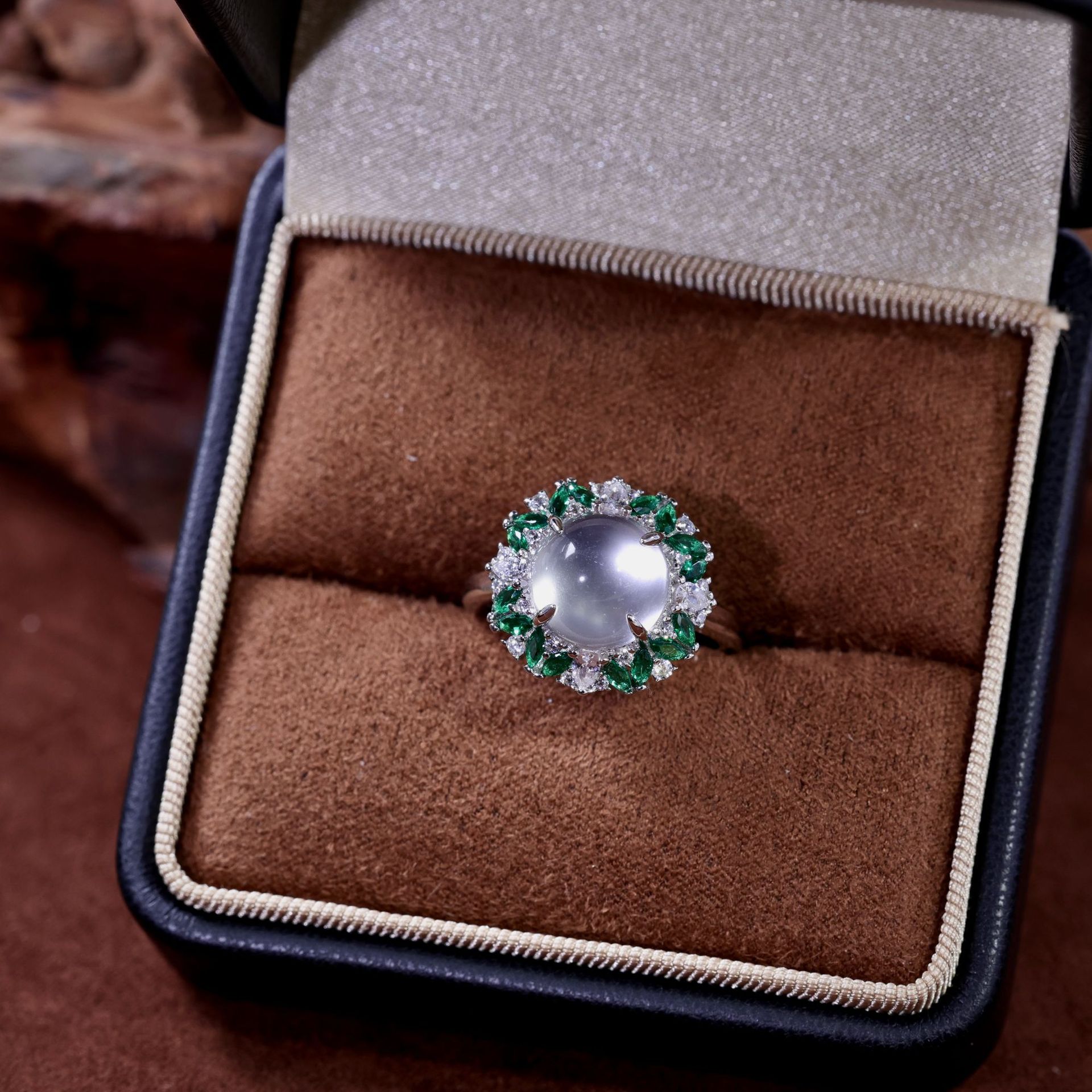 新中式国风蛋面天然水沫玉项链戒指套装S925银祖母绿宝石吊坠饰品礼盒详情15