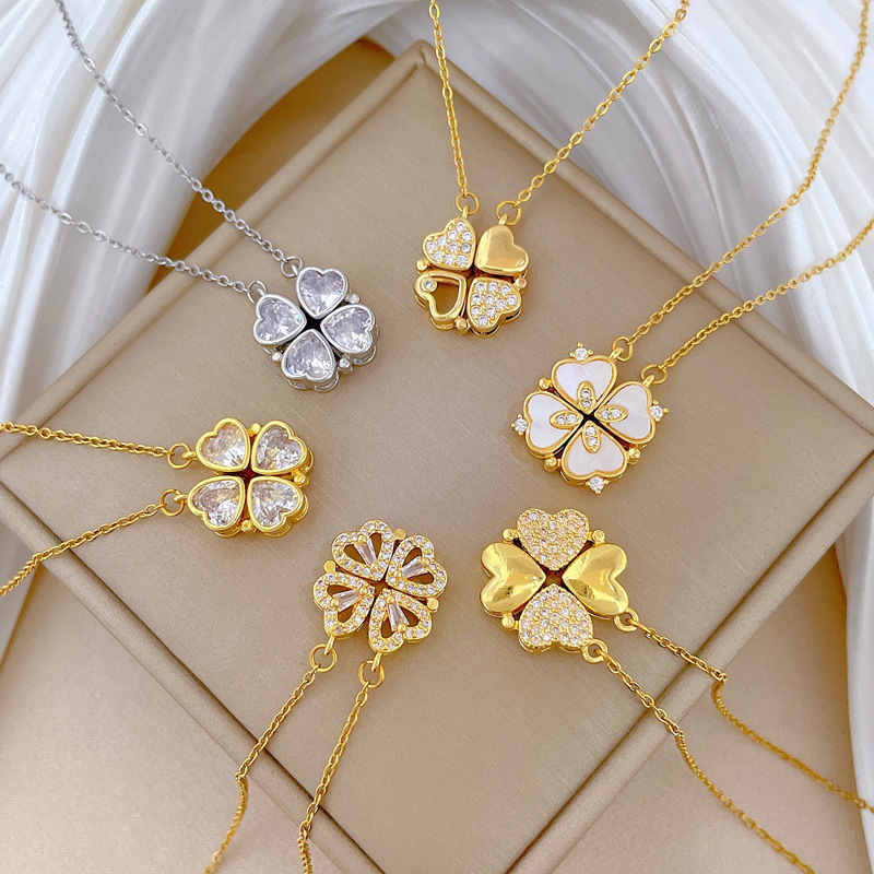 【钛钢】项链女新款一款两戴心连心开合四叶花满钻百搭锁骨链钛钢详情4