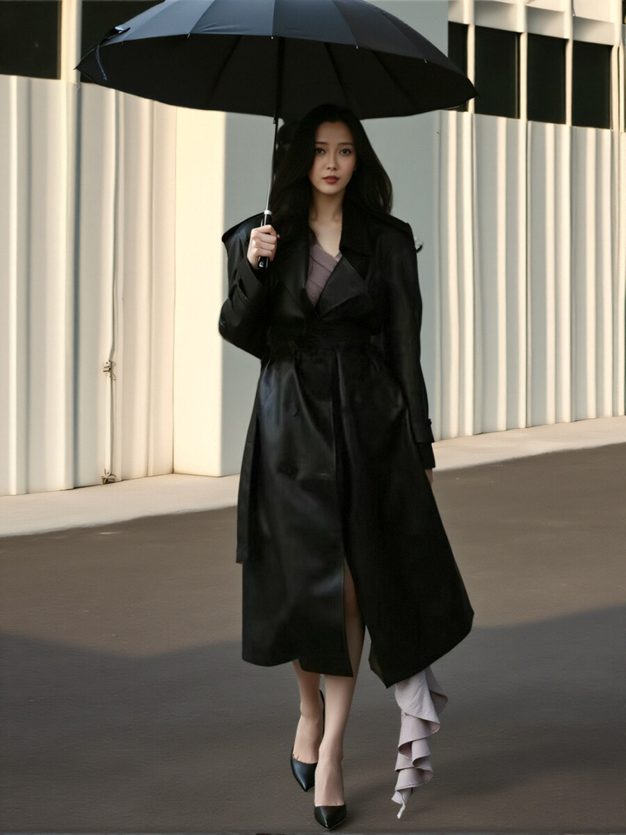 杨超越同款外贸黑色风衣女高级感2024新款长款高个子PU皮外套大衣详情7